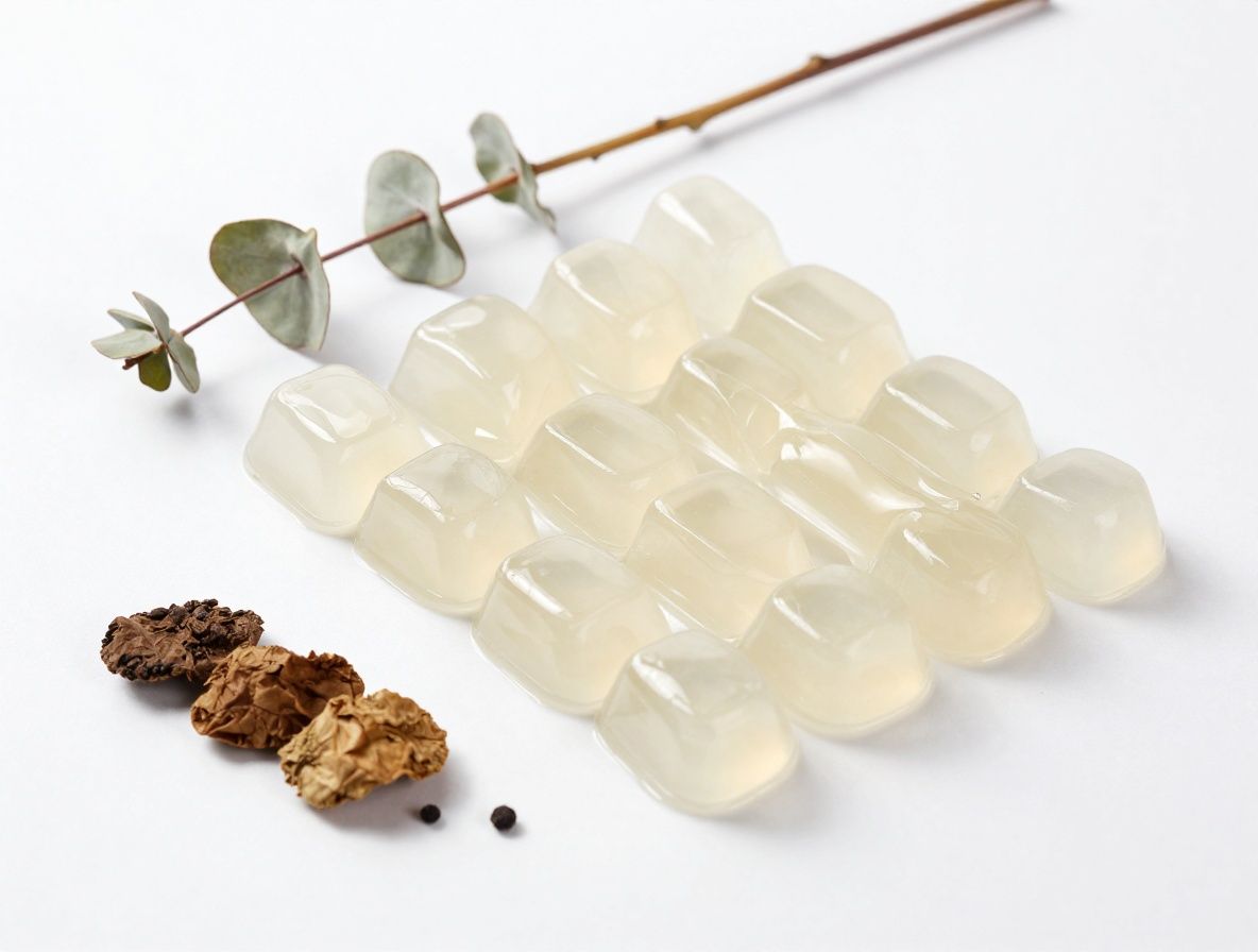 Trozos de gelatina transparente y extracto de colageno natural dispuestos artisticamente sobre superficie blanca junto a flores secas y ramas de eucalipto en composicion minimalista