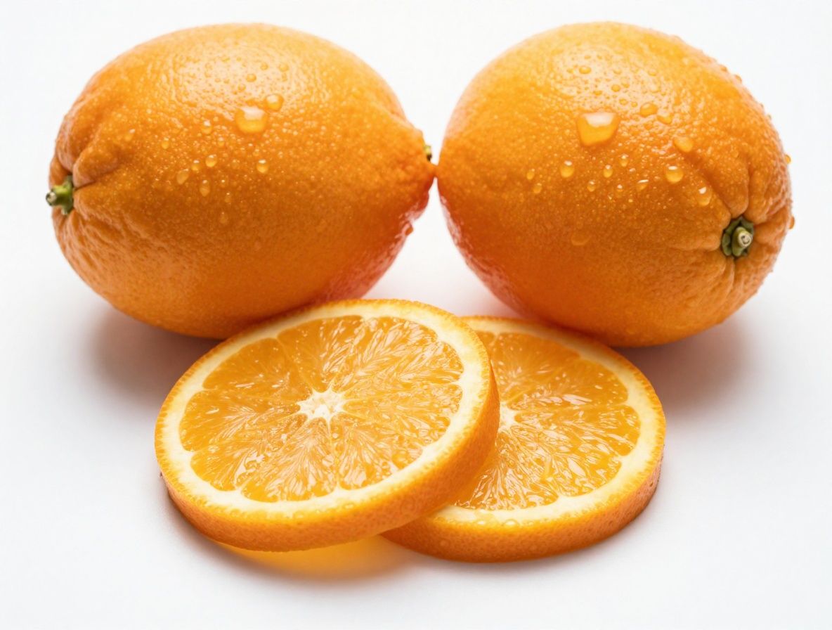 Corte transversal de naranja y limon frescos sobre fondo blanco mostrando la pulpa vibrante y jugosa, macrofotografia de alta calidad con gotas de jugo visibles