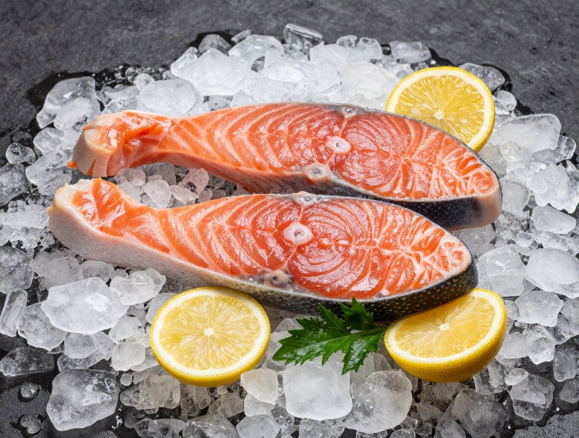 Filete de salmon fresco de color rosado intenso sobre hielo con rodajas de limon y eneldo fresco, fotografia de estudio con iluminacion lateral que resalta la textura