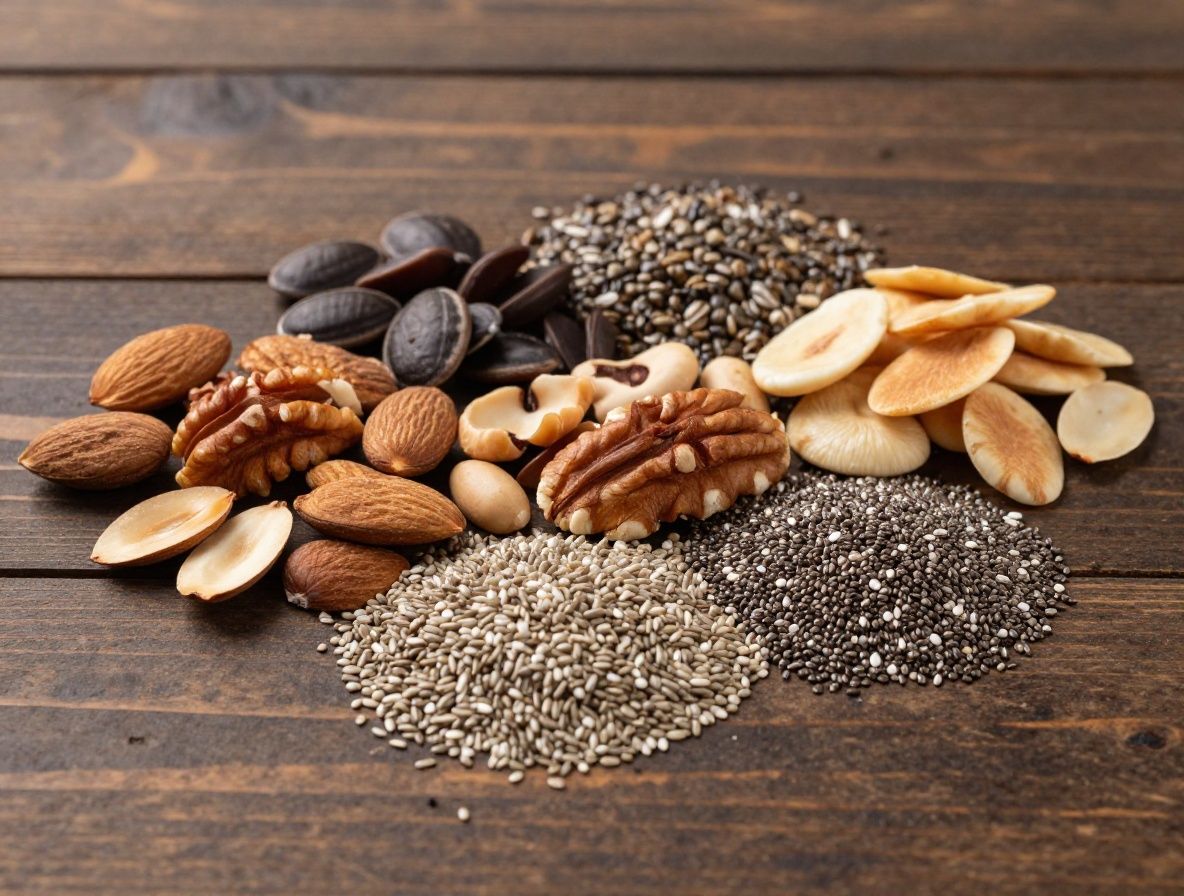 Surtido de semillas y frutos secos variados incluyendo almendras, nueces, semillas de chia y linaza esparcidas sobre superficie de madera rustica con iluminacion calida