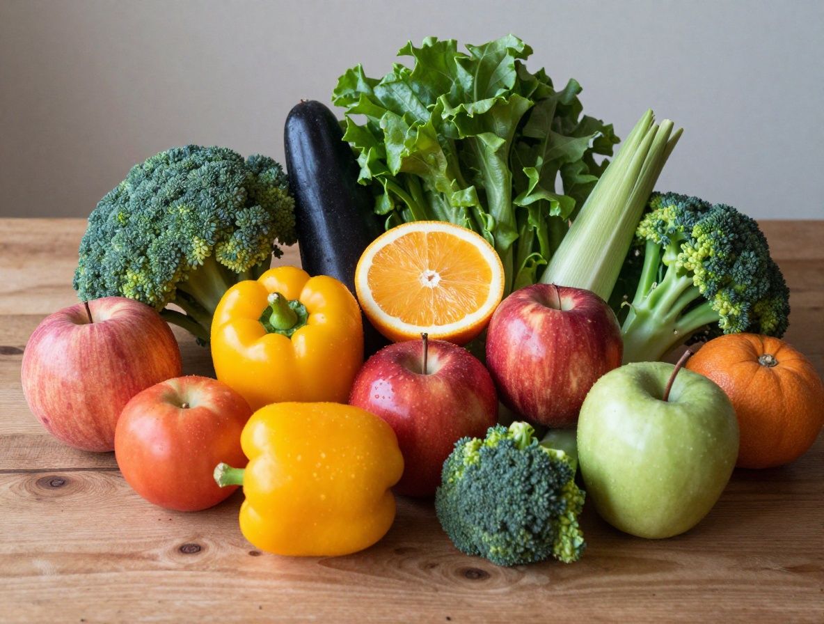 Seleccion de frutas, verduras y hierbas frescas dispuestas sobre una superficie de madera natural iluminada con luz natural difusa, representando ingredientes nutritivos y estilo de vida saludable