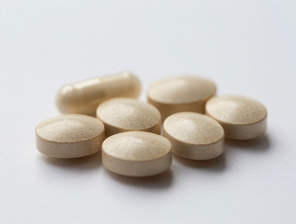 Macrofotografia de alta calidad de capsulas y polvo de suplemento natural sobre superficie de vidrio de laboratorio, con foco selectivo y fondo blanco desenfocado, iluminacion de estudio profesional