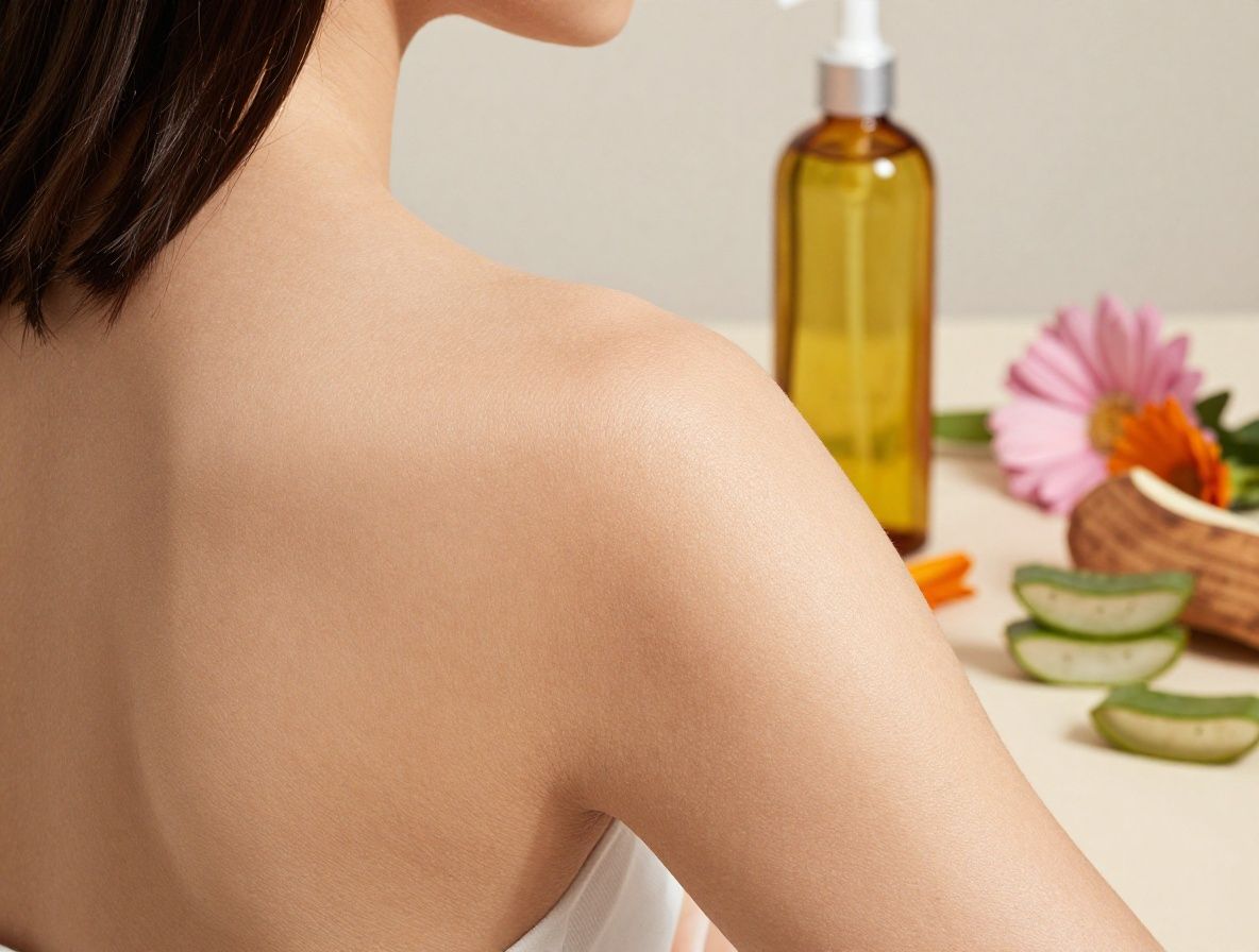 Primer plano de piel humana sana con textura suave iluminada por luz natural lateral, rodeada de ingredientes cosmeticos naturales como trozos de aloe vera, aceite de argan y flores de calendula